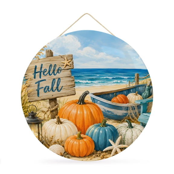 Welcome Sign for Front Door, Fall Coastal Pumpkins Round Metal Wall Art Wreaths, Thanksgiving Nautical Beach Waves Outdoor Indoor Wall Hanging Sign for Porch Decor Housewarming Gifts 11.8 Inch