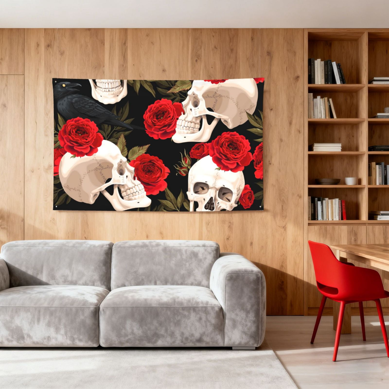 Skulls Red Roses Raven Four Hole Decorated Banner Flag for Garden Yard Home Decoration Indoor Outdoor 4x6 Ft