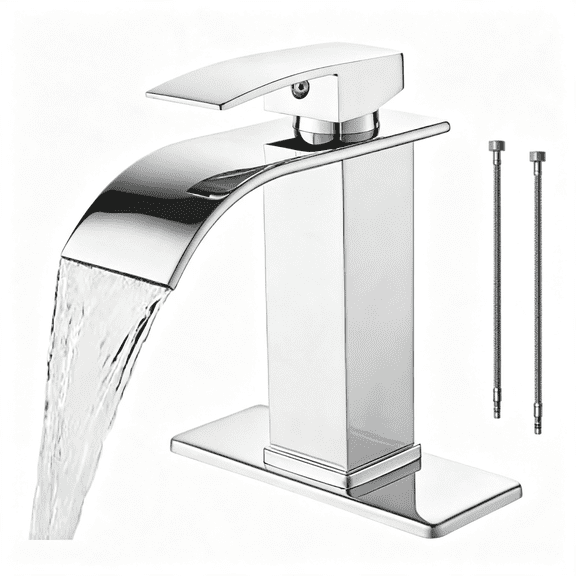 HIBIBUD Waterfall Bathroom Faucet 1 Hole,Single Hole Bathroom Faucet,Single Handle Vanity Sink Faucet with Deck Plate,Pop-Up Drain &Amp; Supply Lines,Brushed Nickel