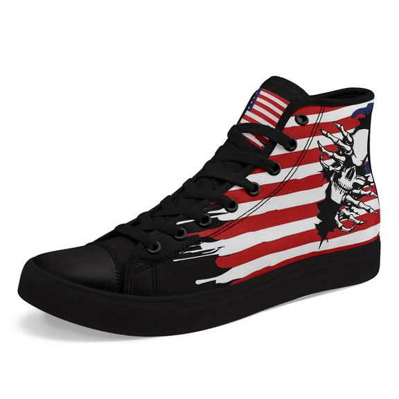 Coolcustomize Men's Gothic High-Top Sneakers - American Flag & Skull Graphic Streetwear Shoes, Lightweight Breathable Fabric Casual Trainers, Urban Fashion, Patriotic Design, Urban Style, Plus Size