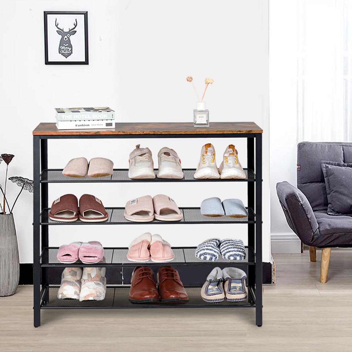 Giantex 5-Tier Shoe Rack, Industrial Metal Shoe Storage Organizer w/ 4 Metal Mesh Shelves for 16-20 Pairs, Multi-Functional Shoe Tower w/ Sturdy Frame for Entryway, Bedroom, Rustic brown