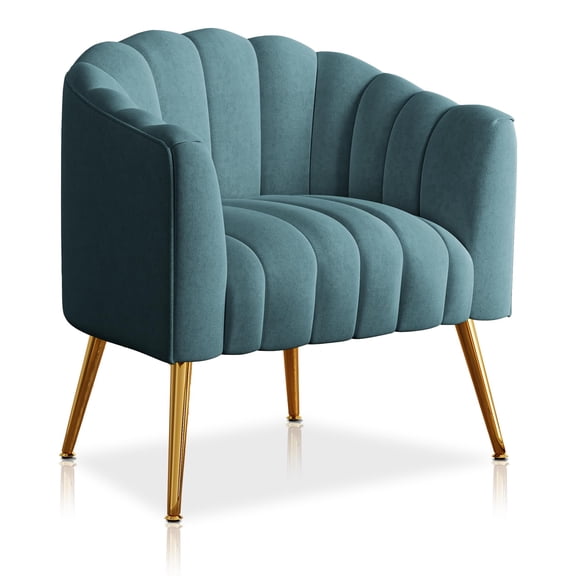 Teal Velvet Channel Tufted Barrel Accent Chair With Gold Tone Legs