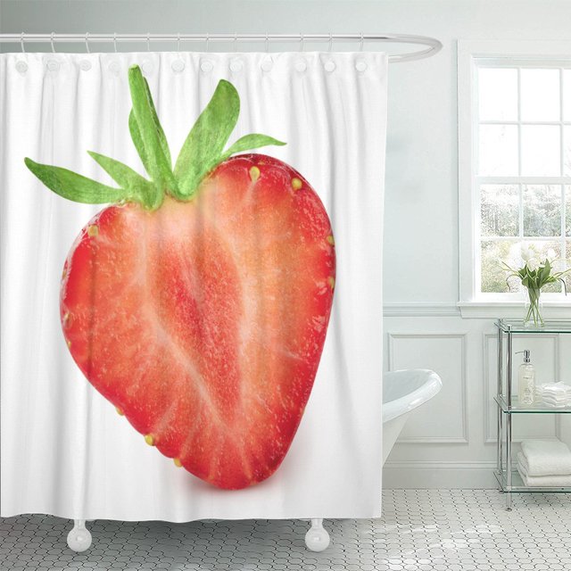 ABPHQTO Cortina de ducha verde media fresa con recorte de hoja de fruta roja, 152x180 cm