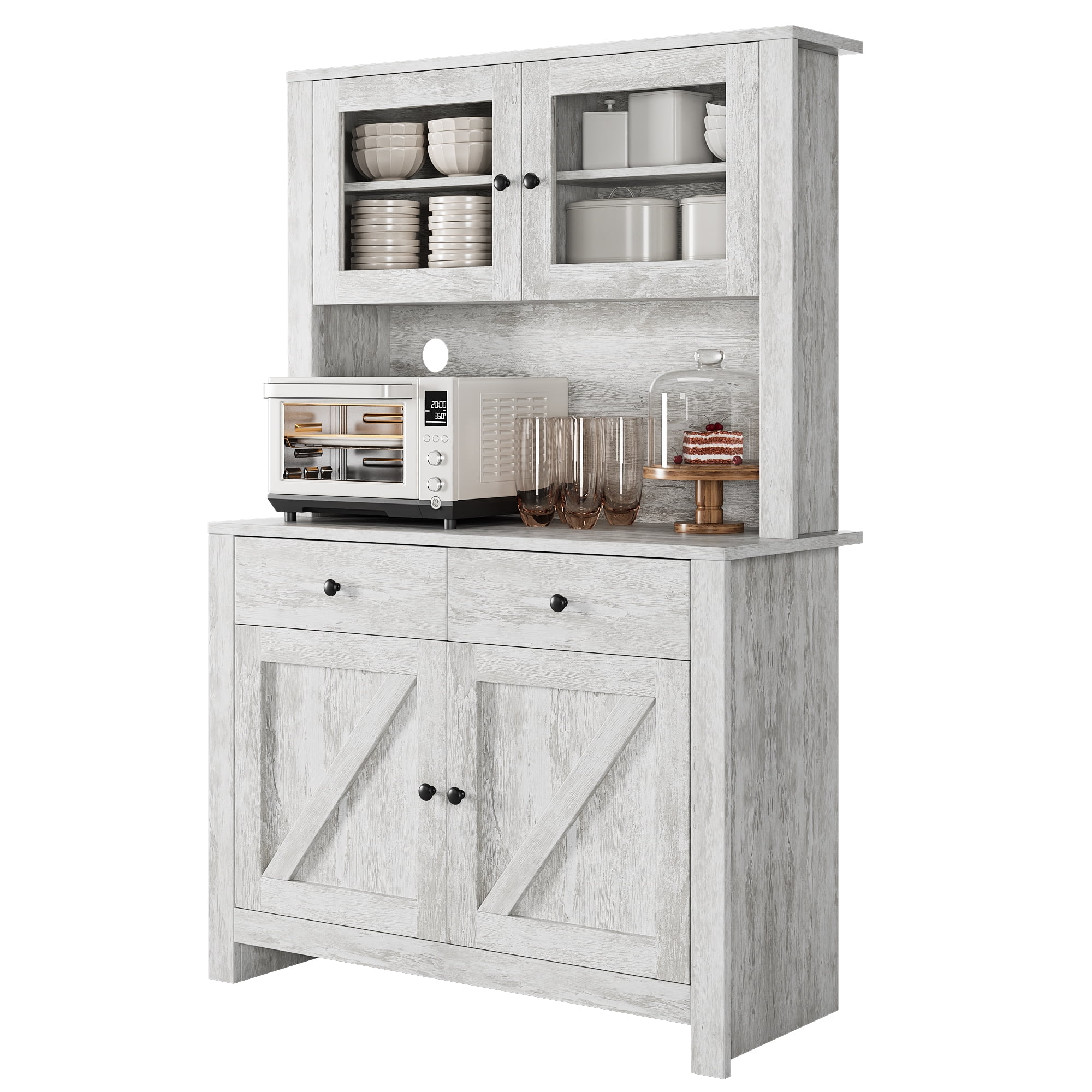 63.4"H Kitchen Pantry Cabinet with Microwave Stand, Freestanding Hutch with Drawers, Doors & Adjustable Shelves, Buffet Cabinet with Storage, Food Pantry for Kitchen, Dining Room