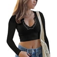 thumbnail image 5 of Women's Cropped Long - Sleeve V - Neck Knit Top for Casual Wear,Black,Z1 Black, 5 of 7