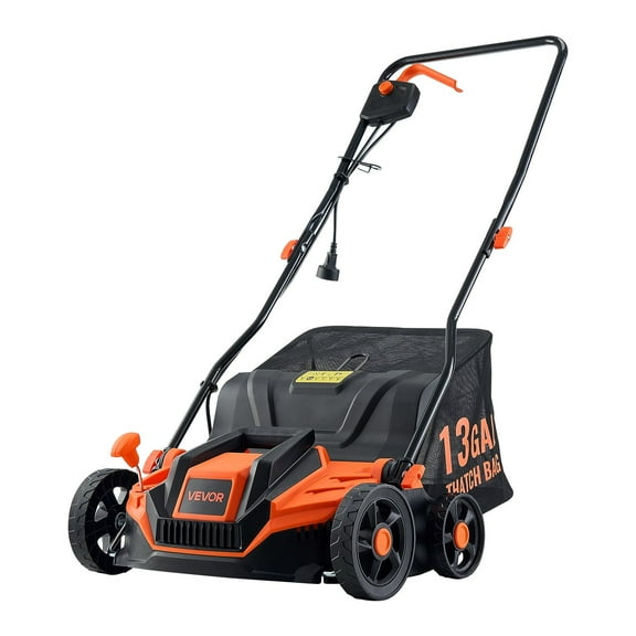CAFORKP 13-Inch 13 Amp Corded Lawn Dethatcher & Aerator, with Large 13-Gallon Collection Bag, 5 Adjustable Depth Settings, Push-Behind Grass Care Tool for Yard Maintenance