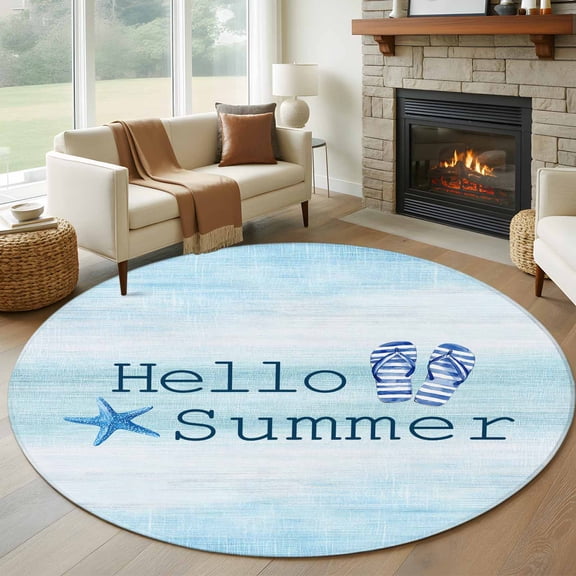 Summer Flip Flops Round Rug 5ft Washable Circle Kitchen Rugs Non Slip Starfish Gradient Blue Texture Large Area Rug Indoor Floor Carpet for Bedroom Living Room Home Office Dining Room Nursery