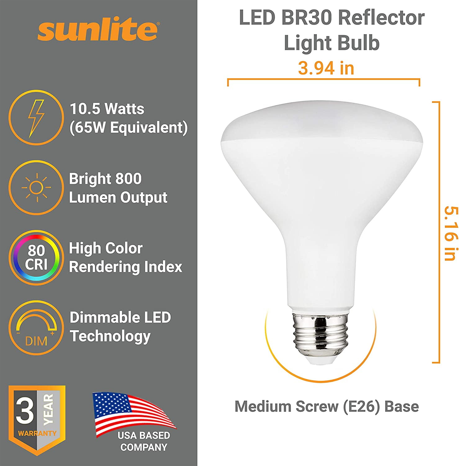 Sunlite LED BR30 Recessed Light Bulb, 10.5 Watts (65W Equivalent), Medium E26 Base, Dimmable,UL Listed, 2700K Warm White, 6-Pack