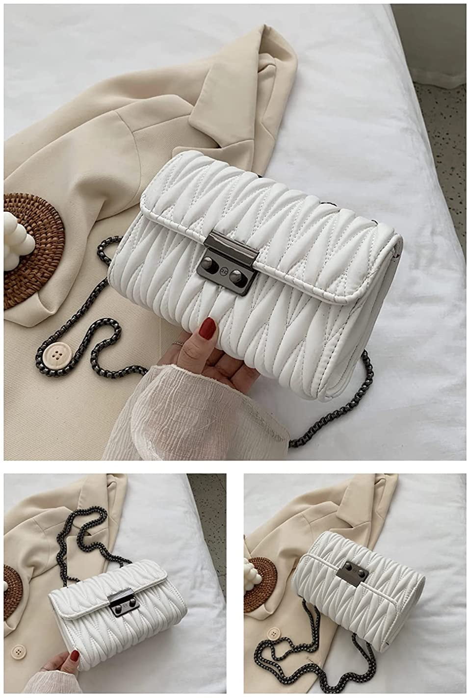 Small Quilted Crossbody Bags for Women Trendy Designer PU Leather Shoulder  Bag with Coin Purse Sets Metal Chain Clutch(White): Handbags