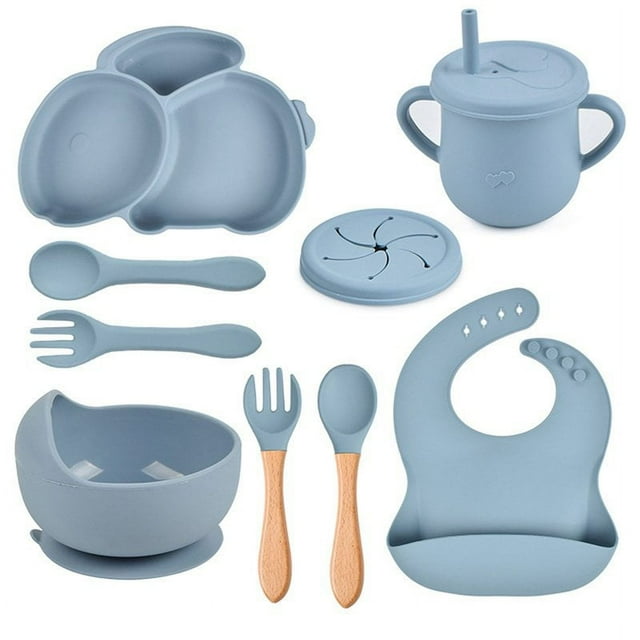 9Pcs Children‘S Silicone Tableware Set Baby Non-Slip Divided Children‘S Plate Bowl With Suction Cup