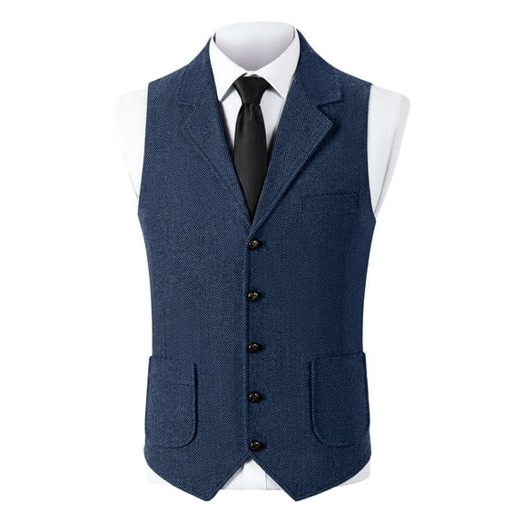 USNSM Men's Solid Color Lapel Single Breasted Suit Top Vintage Vest Herringbone Party Prom Waistcoat Groomsmen Blue XS