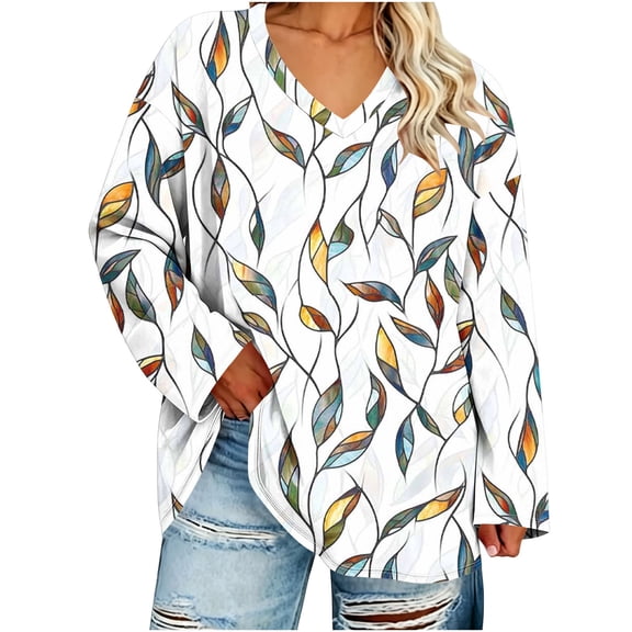 Womens V Neck Long Sleeve Tops Plus Size Printed Casual Blouses Soft Comfortable Shirts Summer Fall Tops Loose Fit Pullover Tops Daily Wear Outfits Tops