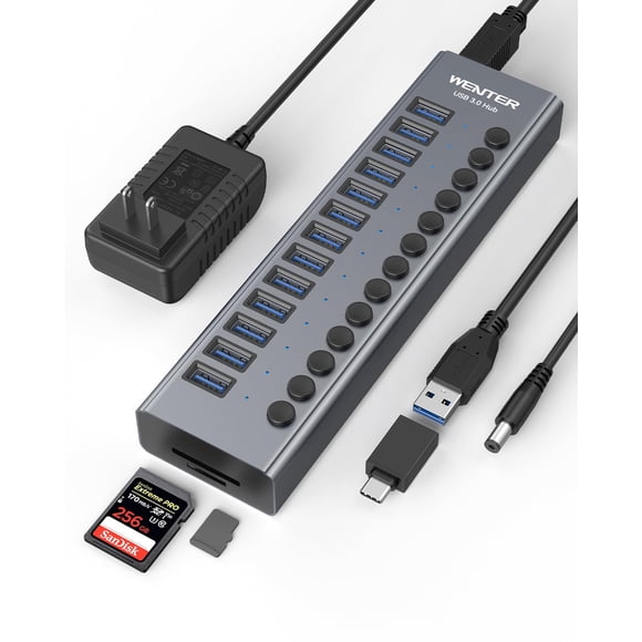 Hub USB WENTER con alimentación USB 3.0 de 13 puertos con lector de tarjetas SD/TF