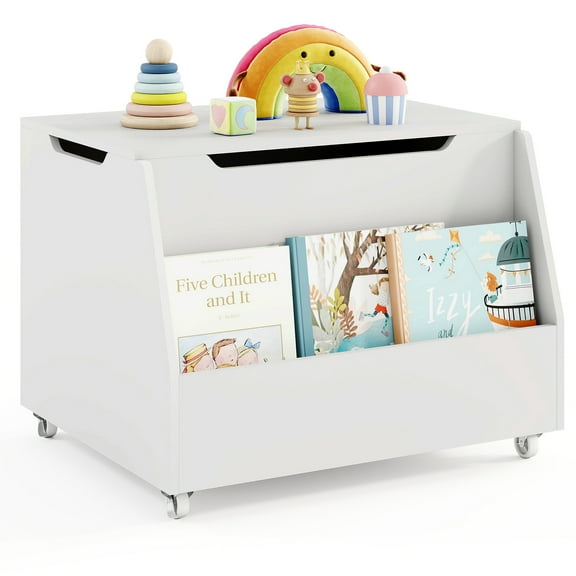 Gymax Kids Toy Box Wooden Storage Chest Bench w/ Bookshelf Wheels Safety Hinge Lid