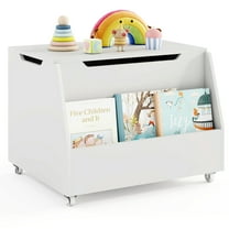 Gymax Kids Toy Box Wooden Storage Chest Bench w/ Bookshelf Wheels Safety Hinge Lid