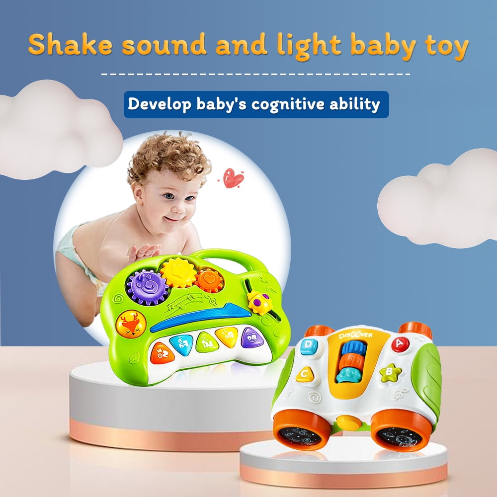 Musical Baby Toys 6 to 12 Months, Baby Piano Light Up Animal Musical Toys for Toddlers 1-3 Baby Infant Toddler Kids Piano,4pcs Cartoon Wooden Whistle Musical Instrument Toy Keychain Gift