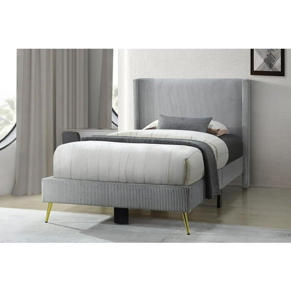 Woodpeckers Furniture and Mattress Platform Bed with Corduroy Upholstery and Gold Metal Legs (Grey, Twin)