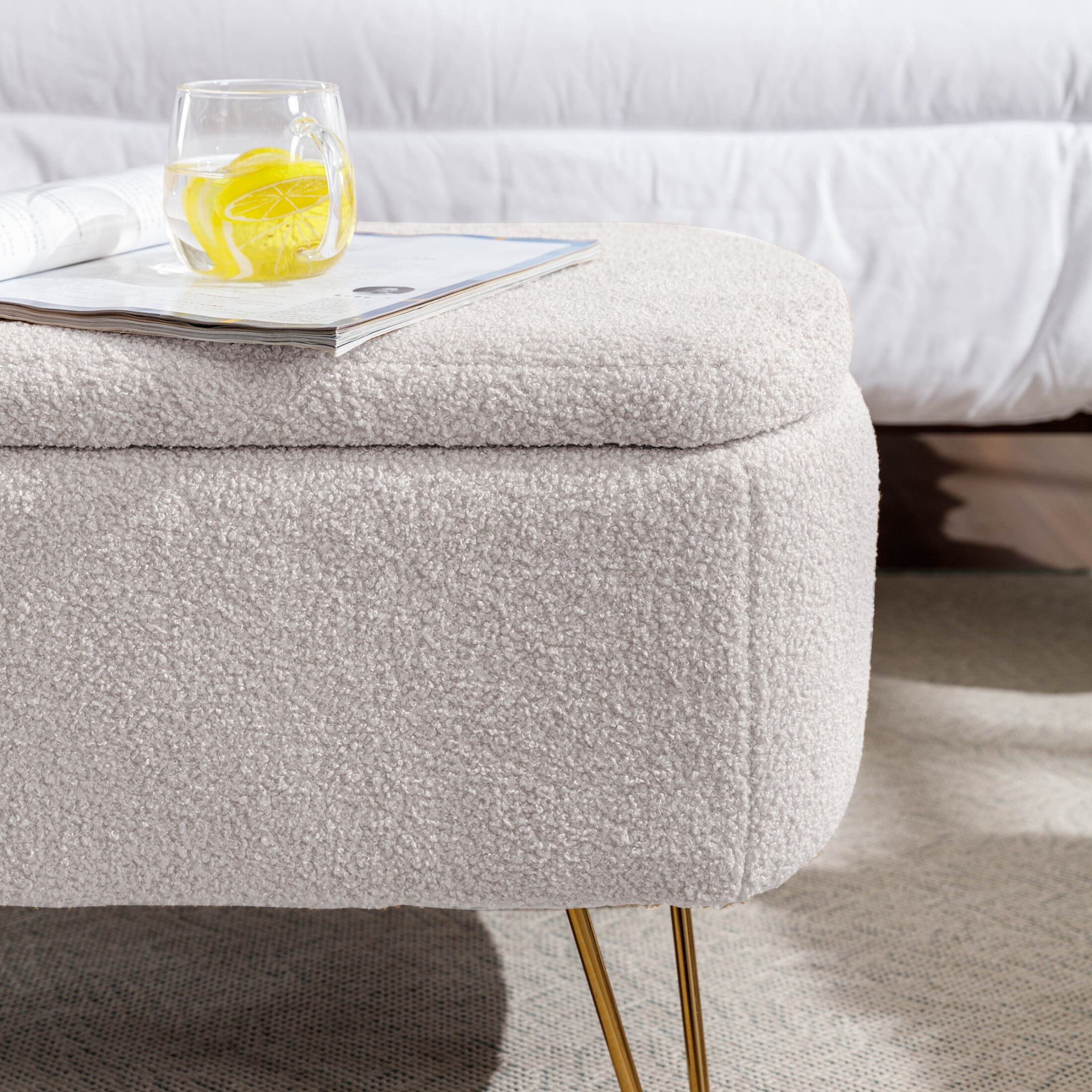 DEALTOPS Stylish Faux Fur Storage Bench, Oval Ottoman with Storage Space and Metal Legs, Ivory
