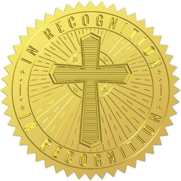 100Pcs Cross Gold Foil Embossed Seals 2 Inch in Recognition Gold Foil Envelopes Stickers Vintage Cross Round Self Adhesive Embossed Seal Labels for Diplomas Awards Certificate Envelopes