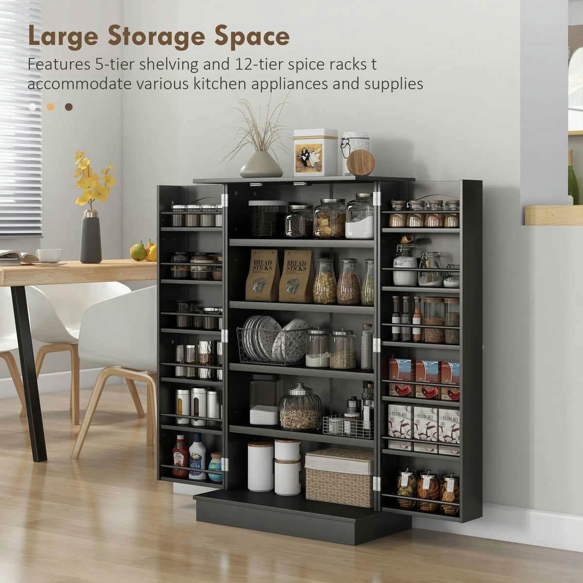 Spaco Freestanding Kitchen Pantry Cabinet with 5-tier Shelving, Kitchen Cabinet with 12 Door Shelves and Double Doors for Indoor as Living Room, Kitchen, Black