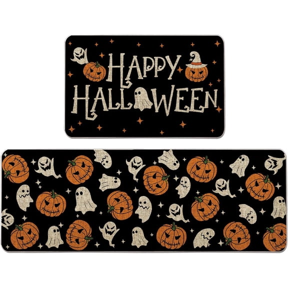 Halloween Kitchen Mat Set of 2, Ghost Pumpkins Kitchen Rug, Halloween Farmhouse Party Floor Mat for Home Kitchen Decorations - 17x27 and 17x47 Inch