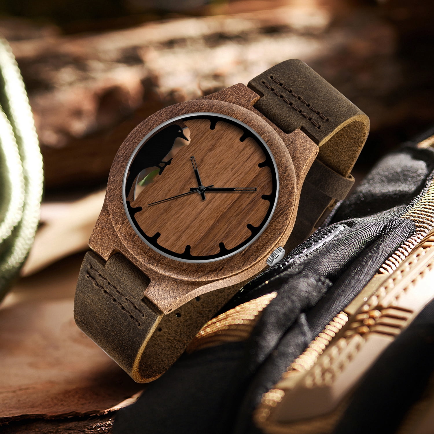 Wooden Watches for Men, Stylish Exotic Wrist Watch with Creative Dial Adjustable Stainless Steel Buckle, Leather Straps, Casual Watches for Man