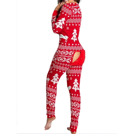 

Haite Women Long Sleeve V Neck Sleepwears Bodysuit Sexy Onesies Pajamas Casual Printed Jumpsuits Rompers Butt Button Flap