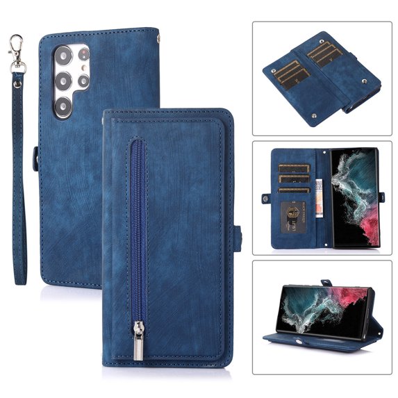 For Samsung Galaxy S22 Ultra Cover with Card Slot Shockproof Luxury Leather Magnetic Flip Holder Stand Zipper Wallet Case