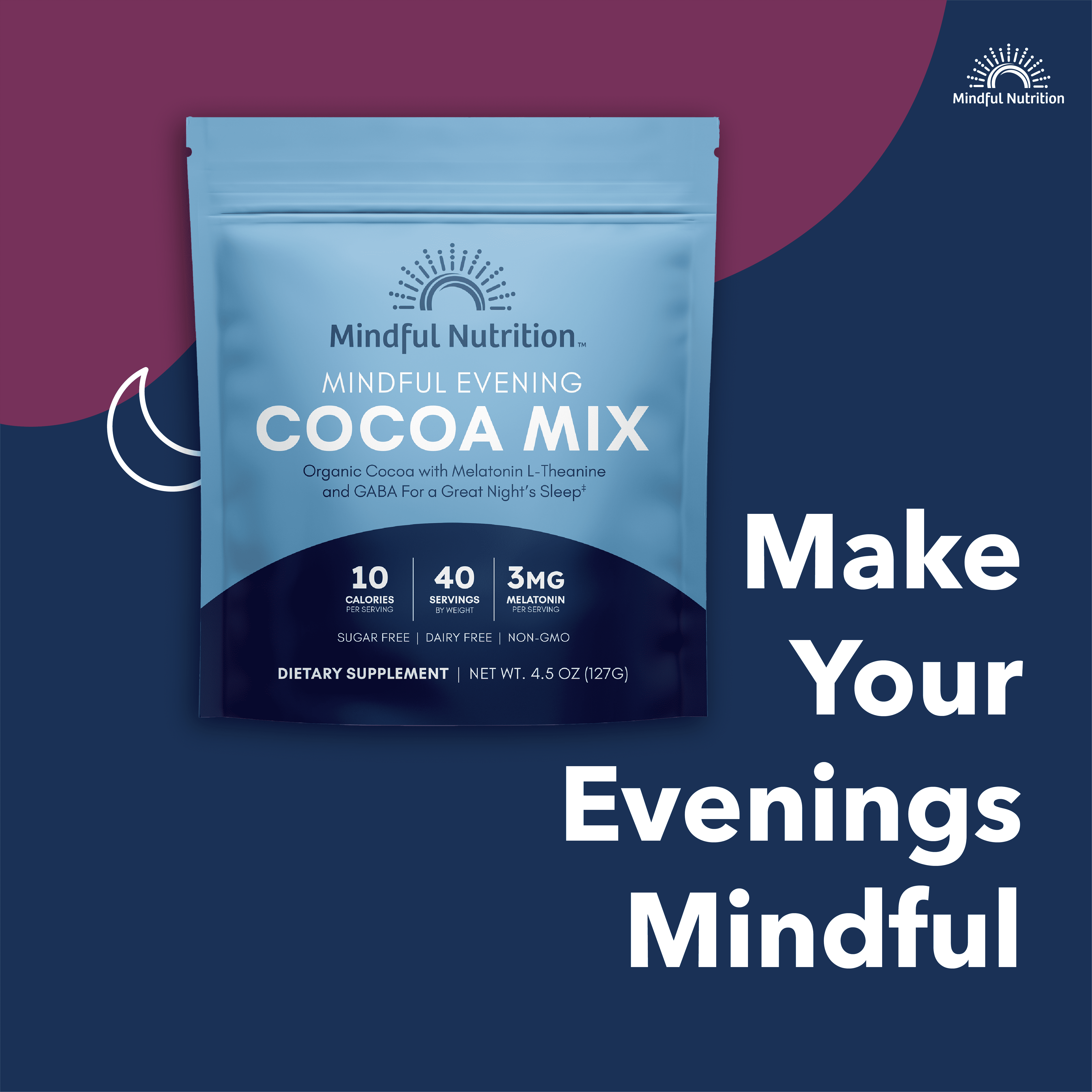 Mindful Nutrition Evening Cocoa Mix with Melatonin, L-Theanine and GABA, Sugar Free, 4.5 oz