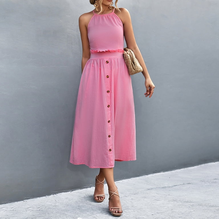 strapless open back dress Pink Halter Neck Satin Midi Dress – Gabi Swimwear main image 1