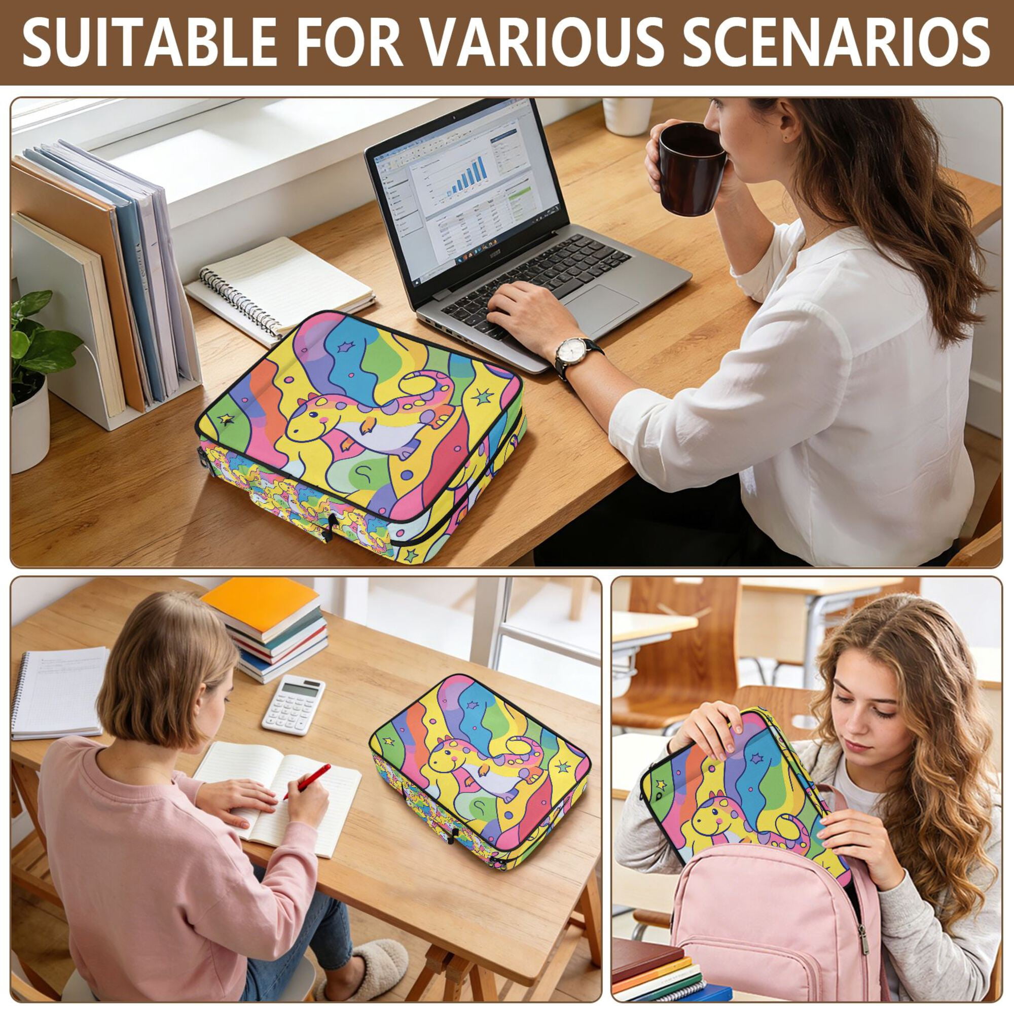 FORMRS Accordion File Folder A4 Size 7-Pocket Expanding Document Organizer Bag with 3 Ring Binder, Vibrant Dinosaur