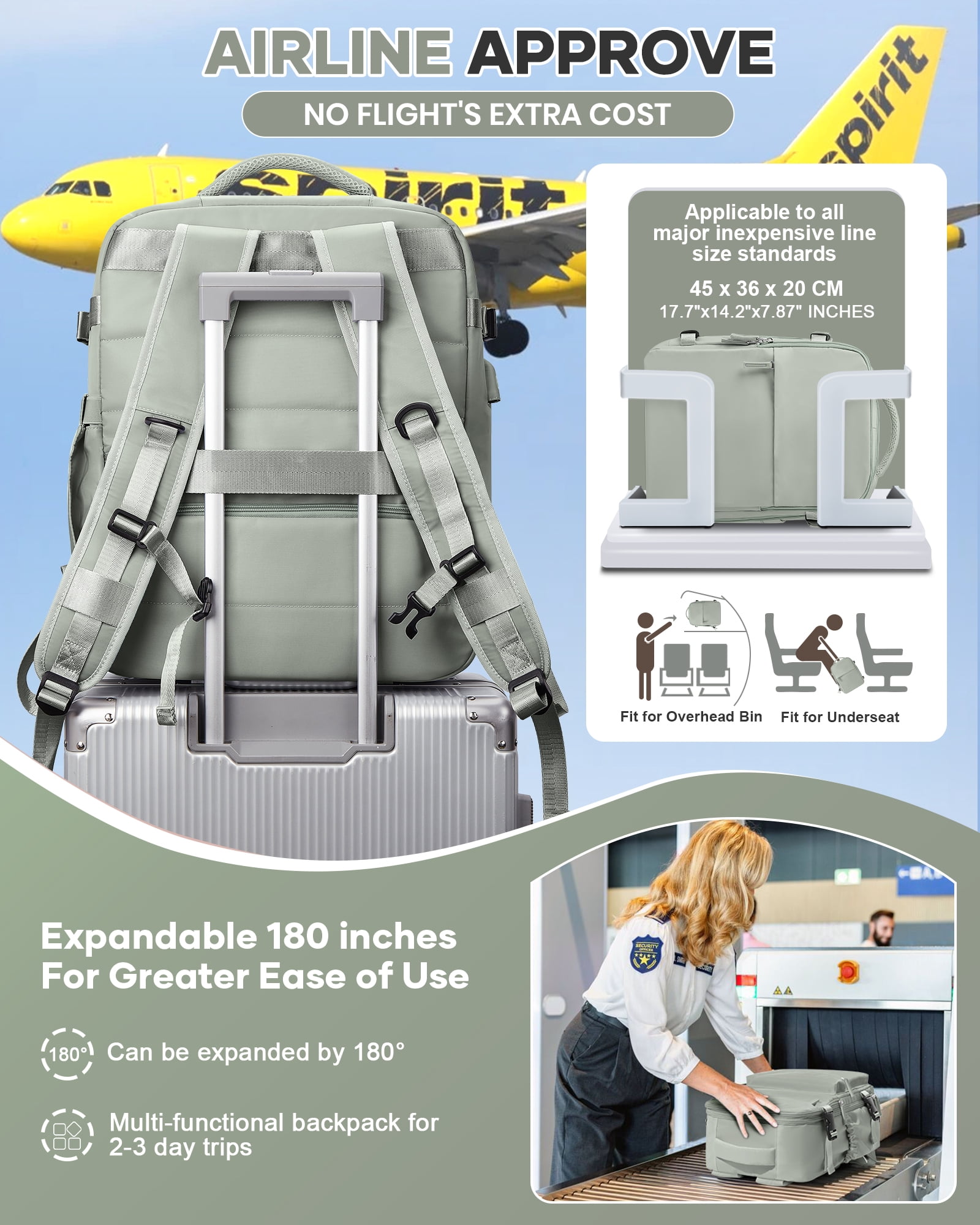 Travel Airback Backpack with Vacuum Compression, Waterproof Travel Backpacks with Air Pump, Large 18×14×8 inch Personal Item Bag United Airlines Approved, Vacuum Seal Backpack Gray Green