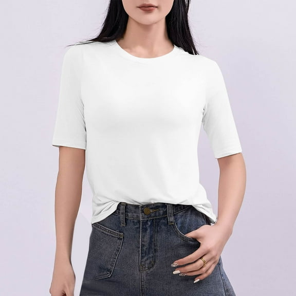 YHAJDS Tops Half Sleeve Round Neck Solid Color Stretch Tee Lightweight Casual Loungewear Basic Top