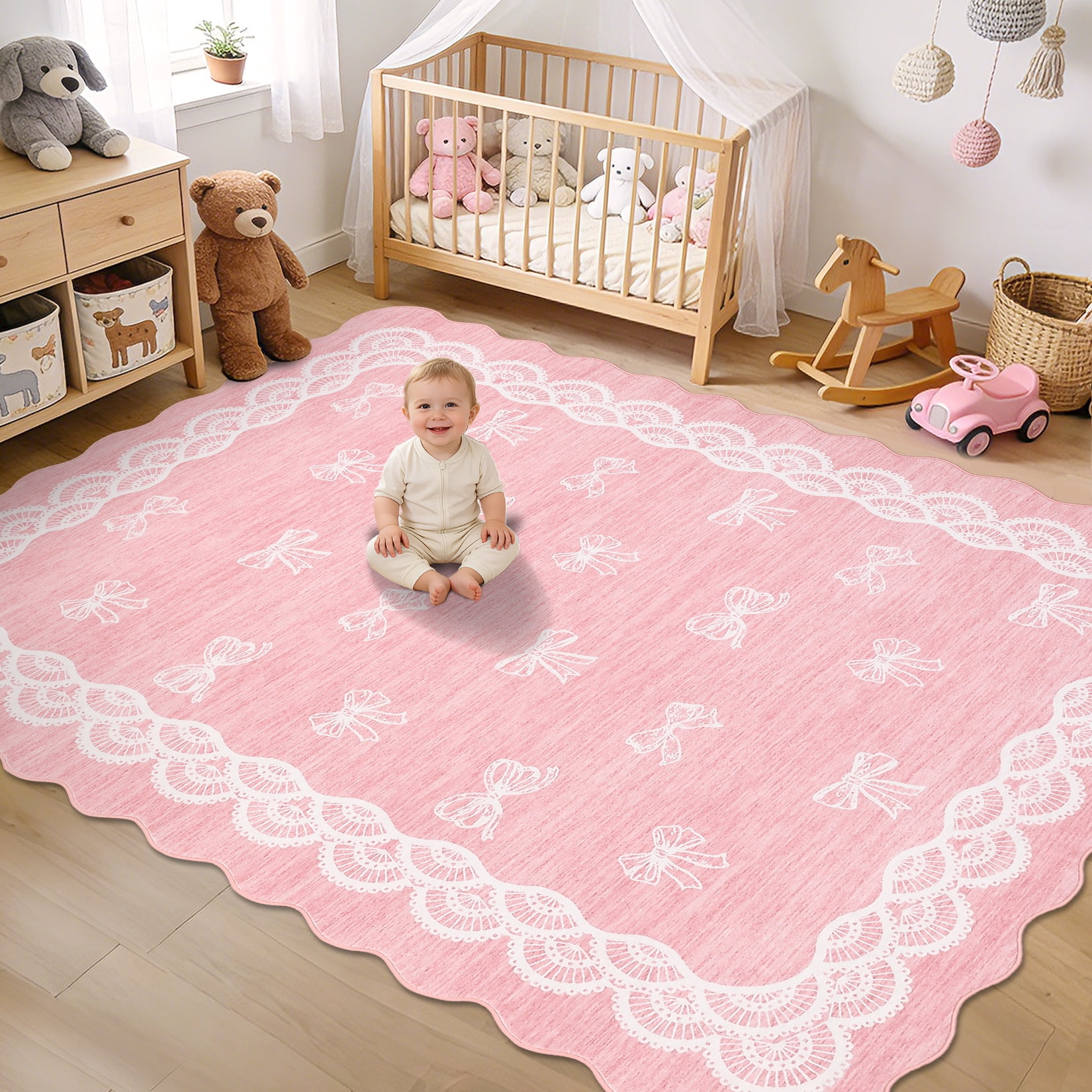 Garvee 9x12 Wave Border Area Rug Coquette Bow Pattern Carpet, Machine Washable Low Pile Rug with Non-Slip Backing for Living Room Bedroom Home Office, Pink