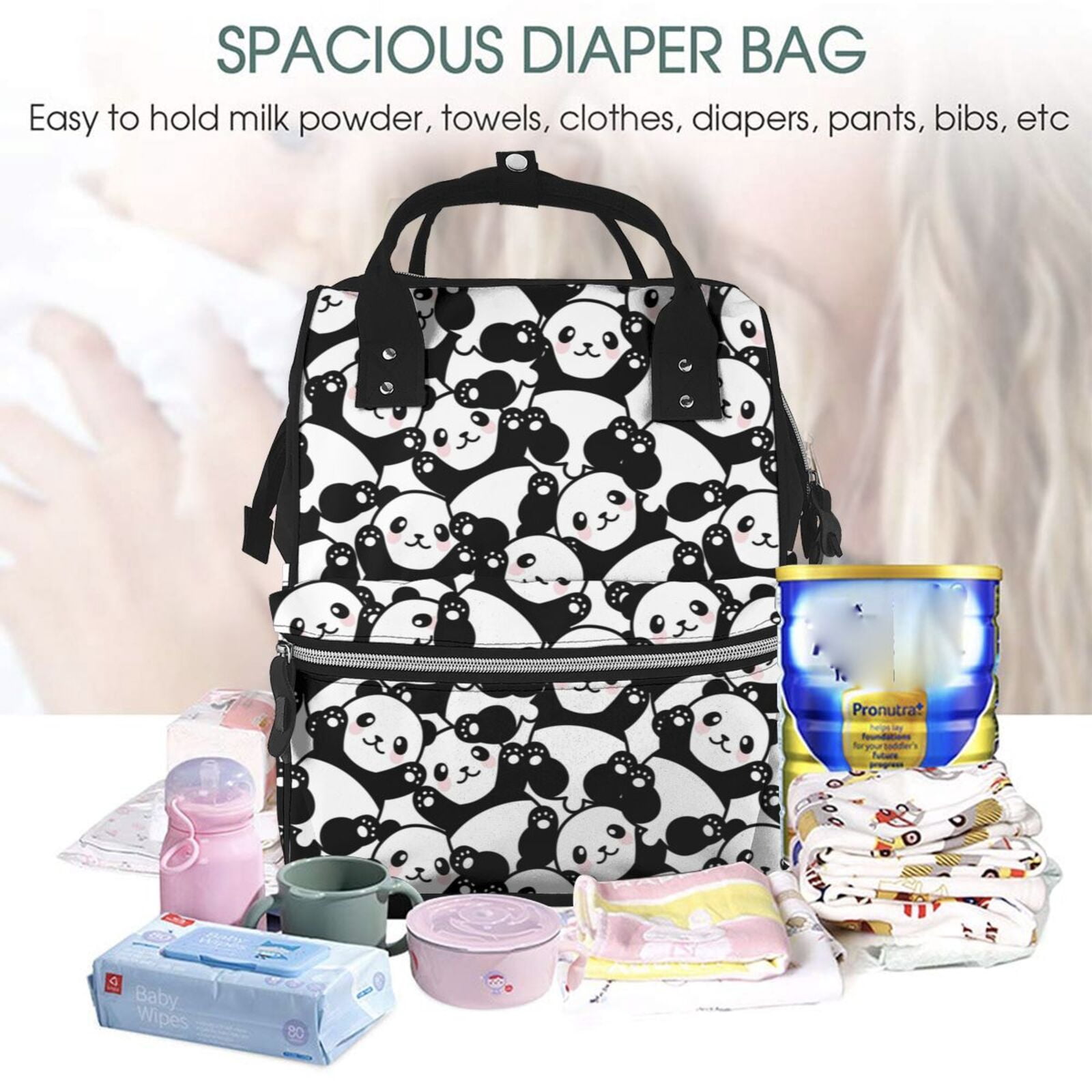 Ratiio Cute Panda (3) Mummy Backpack - Waterproof Twill Canvas, Large Capacity Diaper Bag with Multiple Pockets and Adjustable Straps