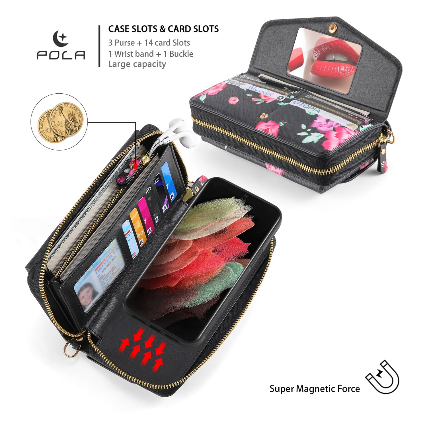 SaniMore Magnetic Detachable Wallet Case for Samsung Galaxy S22 Ultra, Flower Pattern RFID Blocking Cover Support Wireless Charging Card Slot Shoulder & Wrist Strap 360° Full Protective Shell, Black