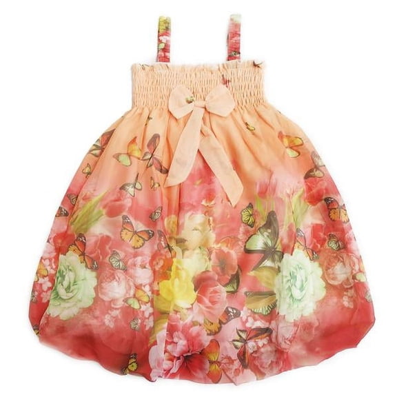 Wenchoice Coral Butterfly Floral Chiffon Baby Doll Dress Girls L(4-6 Years)