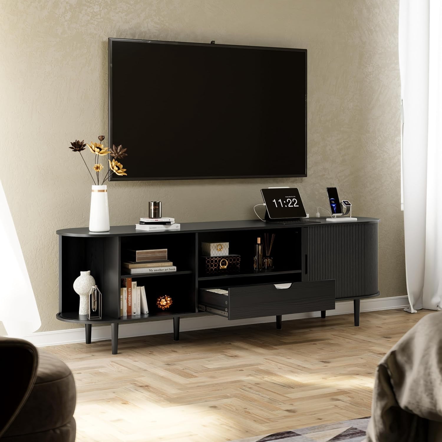 71" Mid-Century Modern Fluted TV Stand with Power Outlet, Sliding Door & Adjustable Shelves, for TVs up to 80 Inches, Black