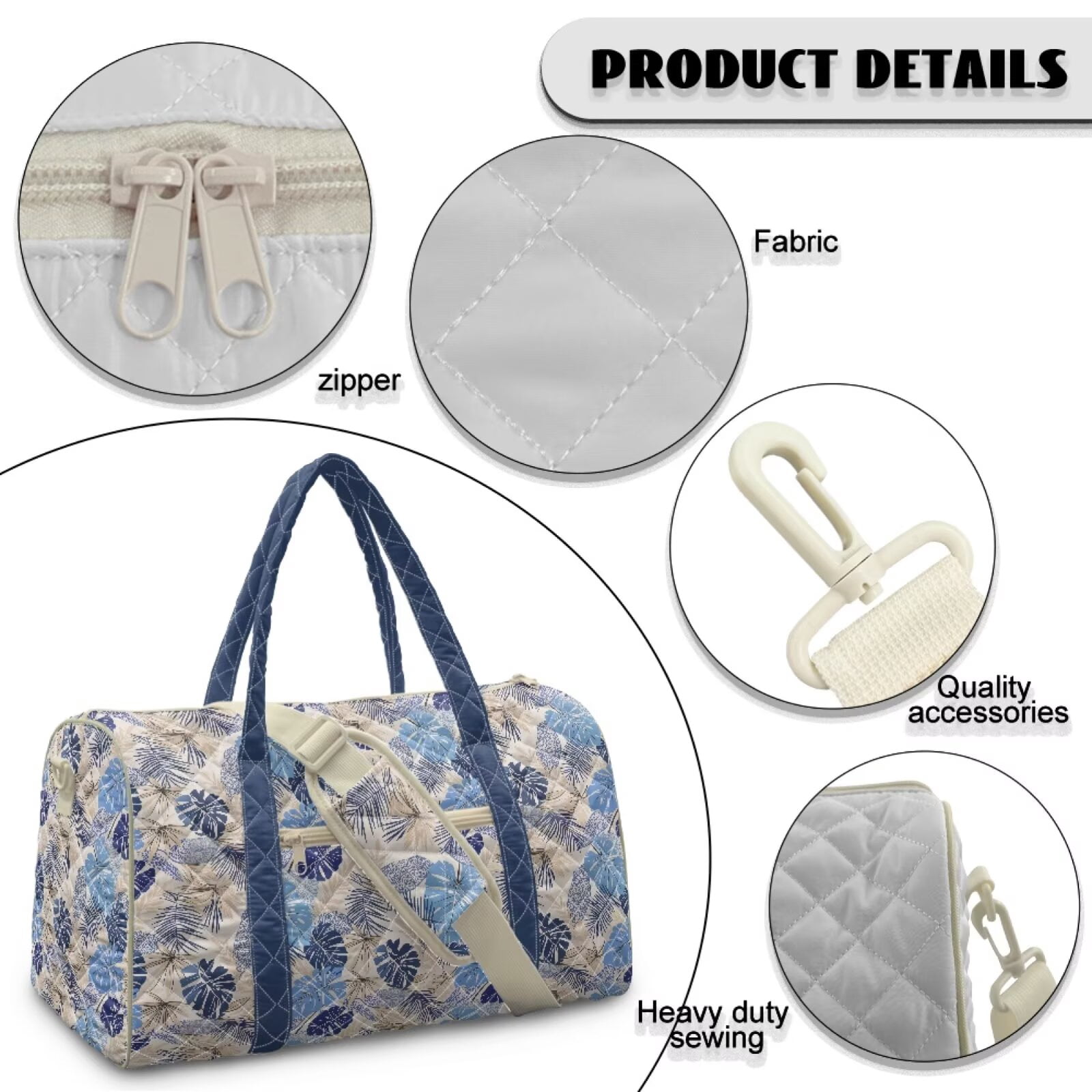 Chririnla Blue Leaf Tropical Pattern Lightweight Fitness Bag for Women with Smooth Zipper & Luggage Handle Strap Large Capacity Athletic Duffle Fits Gym