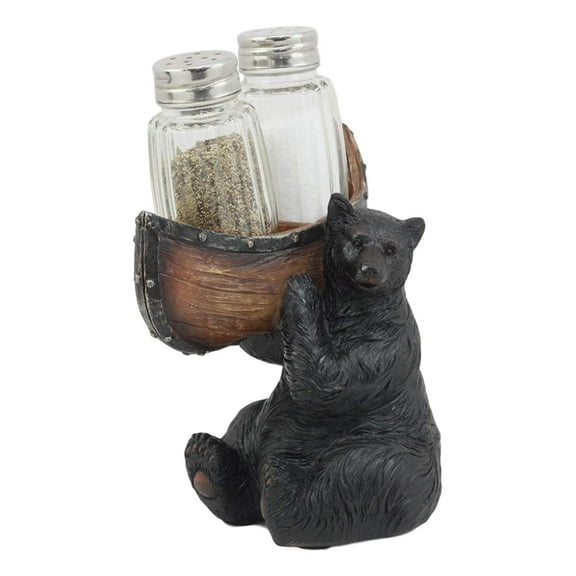Ebros Black Bear Salt and Pepper Shakers Set 5" Tall Papa Bear Carrying A Canoe Fishing Boat Statue