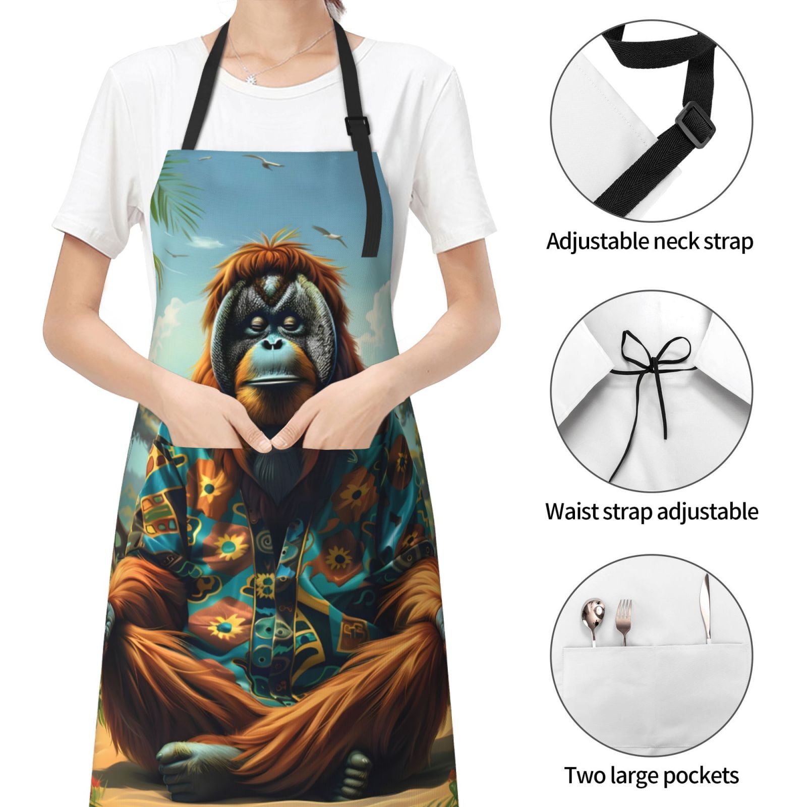 Kdxio Forest Meditating Gorilla Apron with Pockets Adjustable Kitchen Aprons for Men Women Waterproof Aprons for Cooking,Drawing,Crafting, Baking Household Cleaning