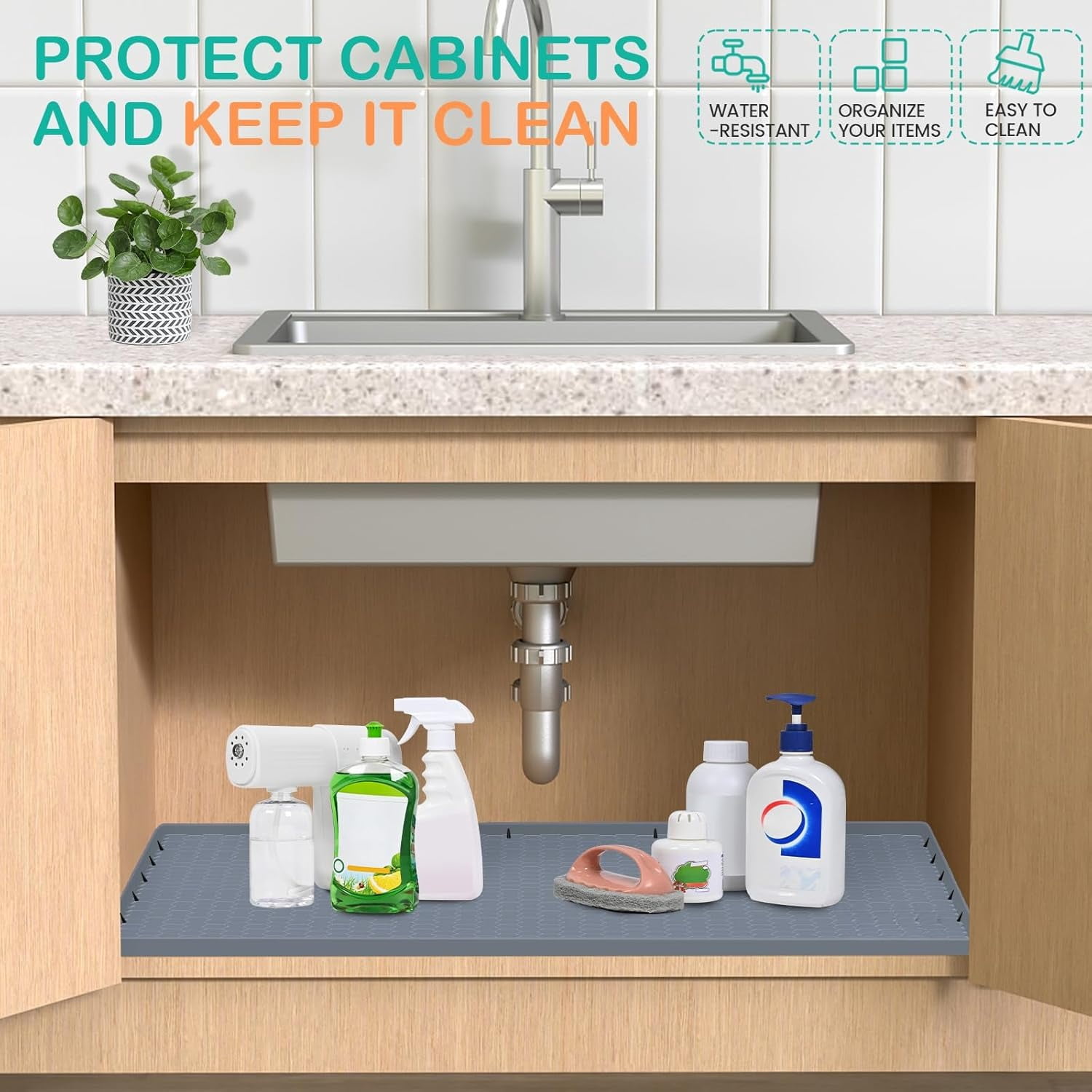 Waterproof Under Sink Mat 34" x 22", Silicone Cabinet Liner, Rubber Protector for Kitchen and Bathroom, Keeps Cabinets Clean, Dry, and Organized (Grey)