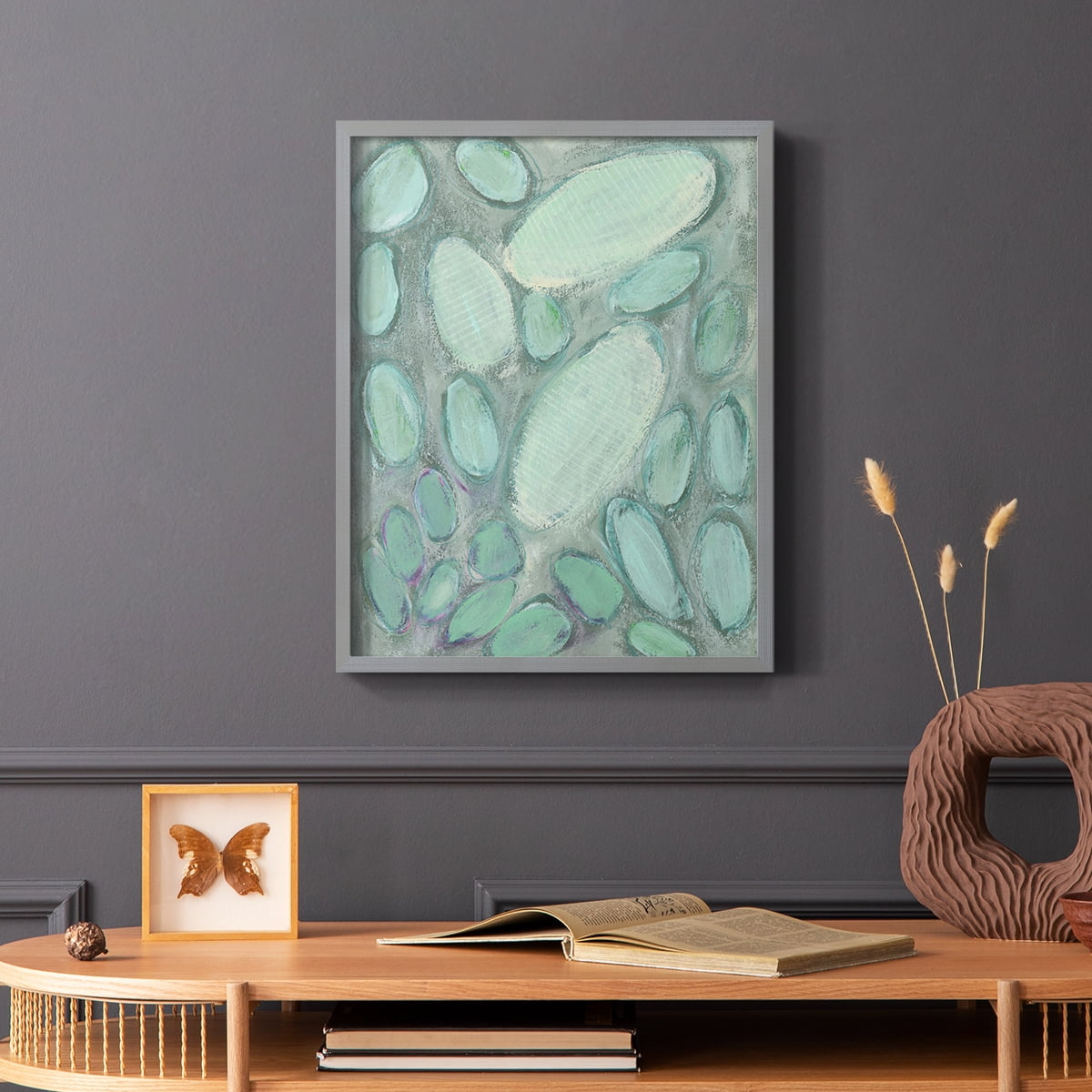 Blue Orbs II Framed Print in Gray Solid Wood Framed Print No Nail Hanging