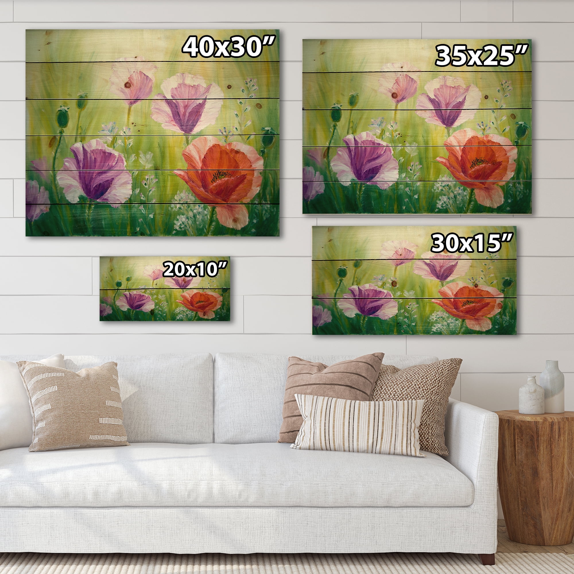 Designart 'Blossoming Red and Purple Poppies In The Morning II' Traditional Print on Natural Pine Wood