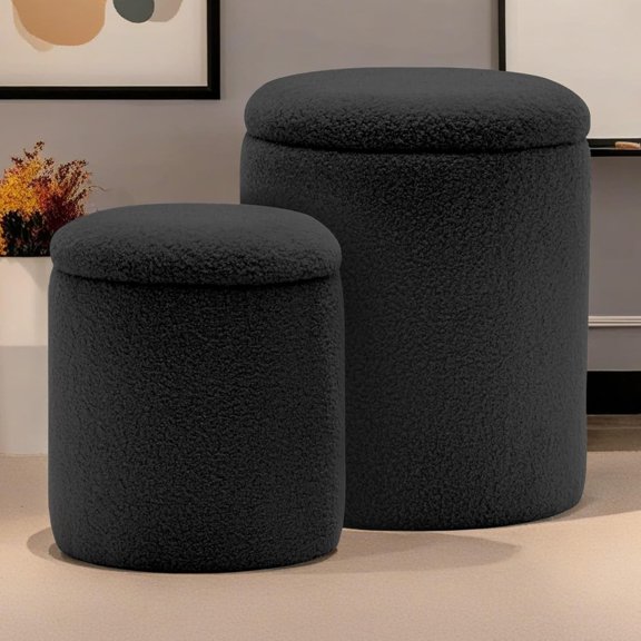 Round Ottoman with Storage, Set of 2, Small Vanity Stool as Vanity Chair, Sherpa Ottoman Foot Rest for Small Space, Living Room, Bedroom, Black