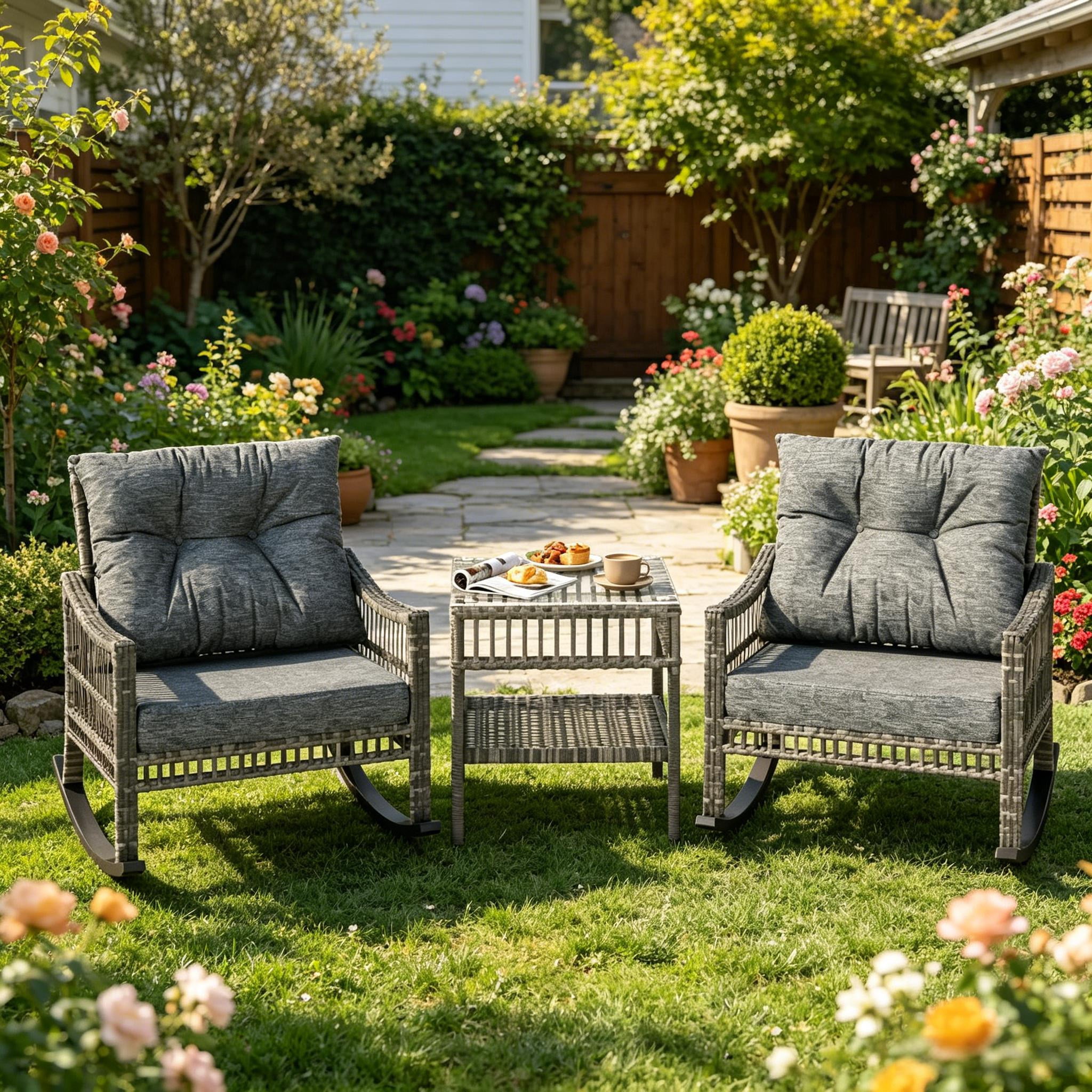 3-Piece Wicker Patio Furniture Set with Tempered Glass Coffee Table,Weatherproof PE Rattan,Cushions Rocking Chair,Outdoor Conversation Furniture for Backyard,Porch & Balcony