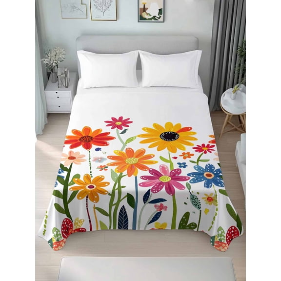 Sunflower King Size Flat Sheet, Wrinkleproof & Fadeproof Cooling Flat Bed Sheet Only, Spring Floral Colorful Summer Botanical Breathable Soft Bedding Top Sheets 105 x 98 Inches