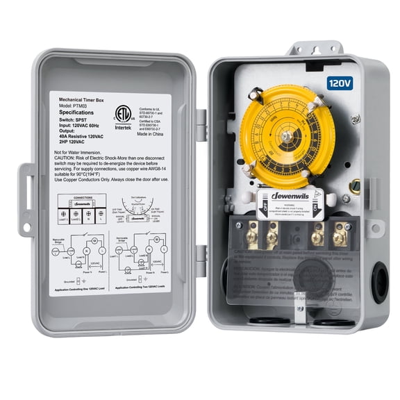 DEWENWILS 24-Hour Mechanical Timer Switch - 120VAC SPST, 2HP 40A, Weatherproof Metal Enclosure for Pool Pump, Water Heater, Lights, Fans, Gray
