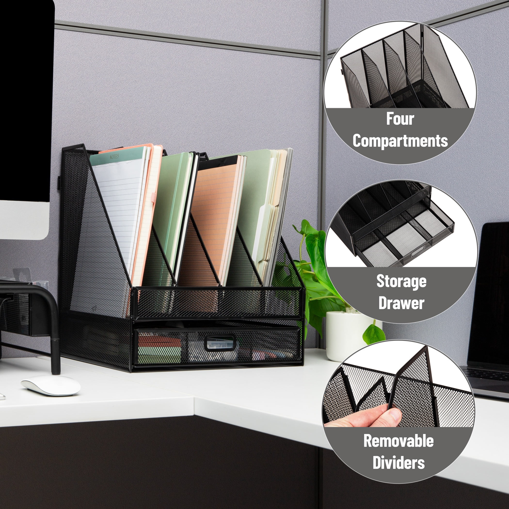 Mind Reader Mesh File Organizer with Drawer, 4 Slot Vertical File Holder with Removable Dividers, Desktop Organizer, Black