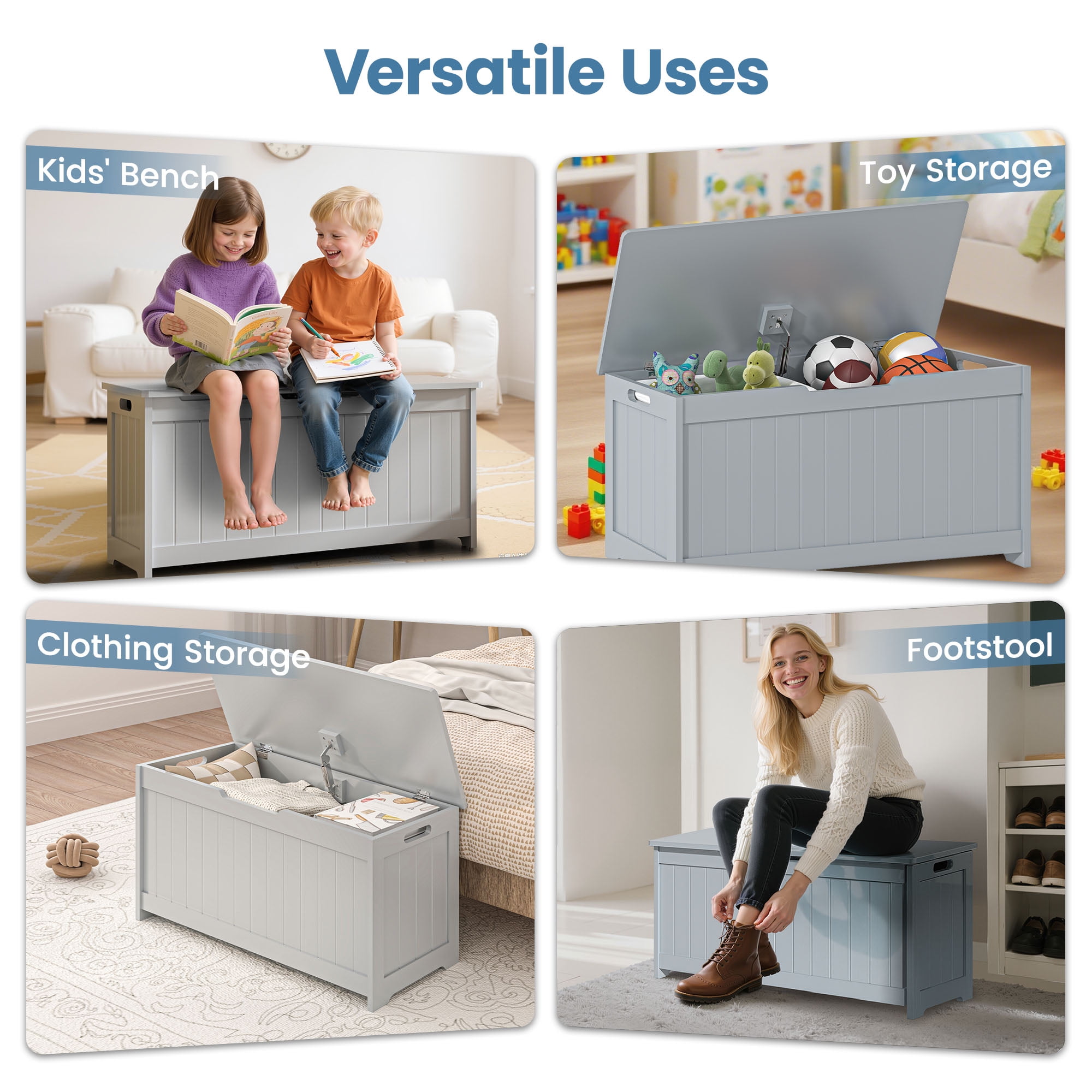 Kids Toy Box, Gray Wooden Toy Chest Organizer with Safety Hinged Lid, Entryway Storage Bench Supports 100 lbs, Toy Storage Chest for Bedroom, Toddler Room, L0293